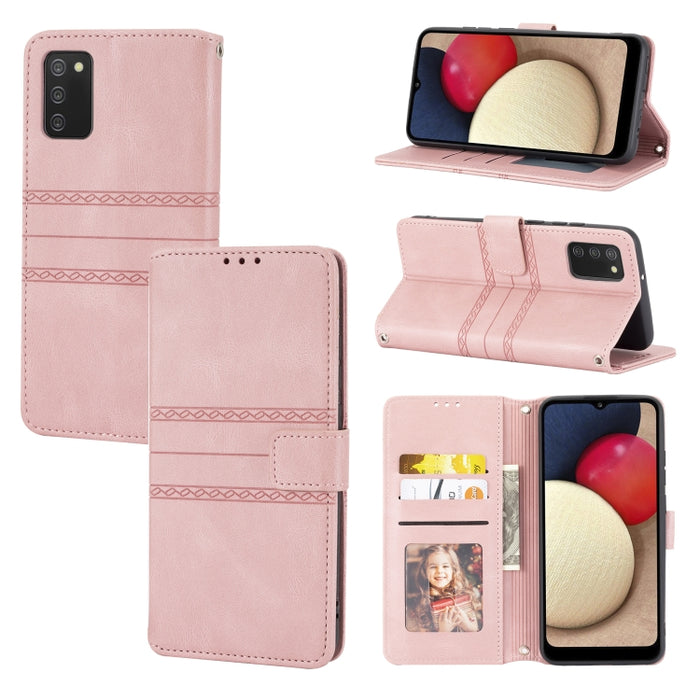 Estuche de cuero para teléfono con tapa horizontal con hebilla magnética a rayas en relieve, For Samsung Galaxy A03s 164.2mm US Version