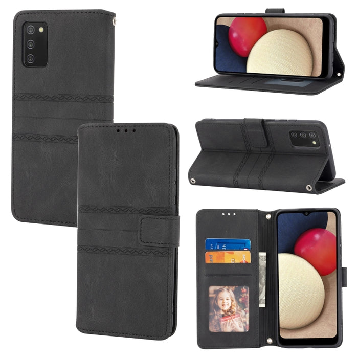 Estuche de cuero para teléfono con tapa horizontal con hebilla magnética a rayas en relieve, For Samsung Galaxy A03s 164.2mm US Version