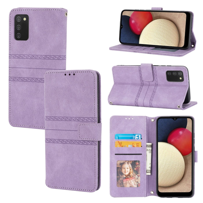 Estuche de cuero para teléfono con tapa horizontal con hebilla magnética a rayas en relieve, For Samsung Galaxy A03s 164.2mm US Version
