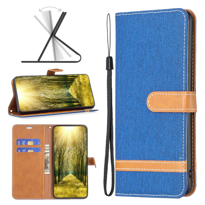 Estuche para teléfono de cuero con textura de mezclilla color block, For Xiaomi Poco M4 Pro, For Xiaomi Poco M4 Pro 5G