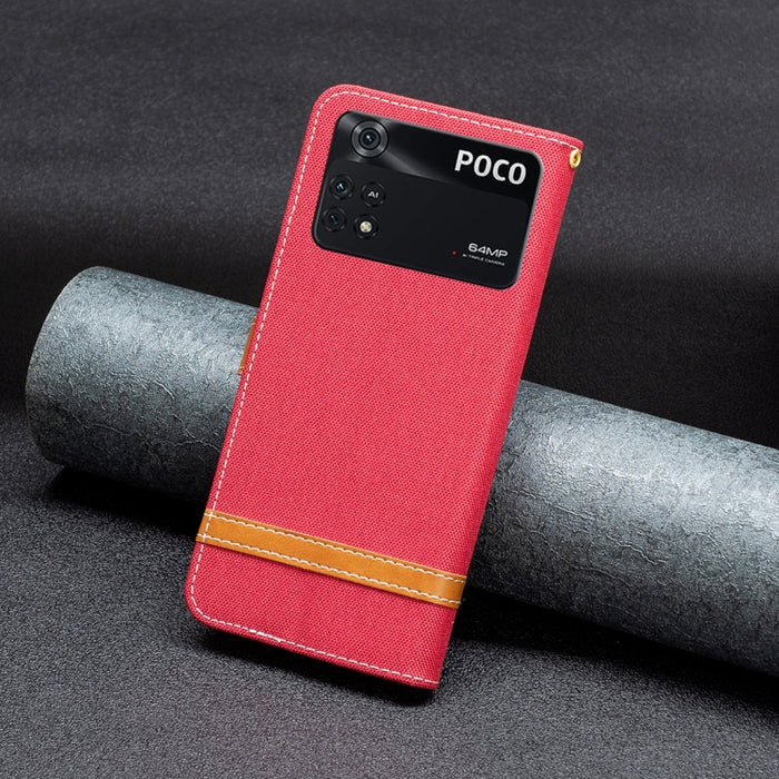 Estuche para teléfono de cuero con textura de mezclilla color block, For Xiaomi Poco M4 Pro, For Xiaomi Poco M4 Pro 5G