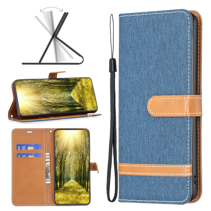 Estuche para teléfono de cuero con textura de mezclilla color block, For Xiaomi Poco M4 Pro, For Xiaomi Poco M4 Pro 5G