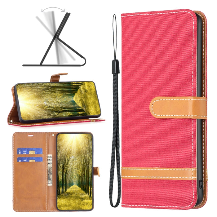 Estuche para teléfono de cuero con textura de mezclilla color block, For Xiaomi Poco M4 Pro, For Xiaomi Poco M4 Pro 5G
