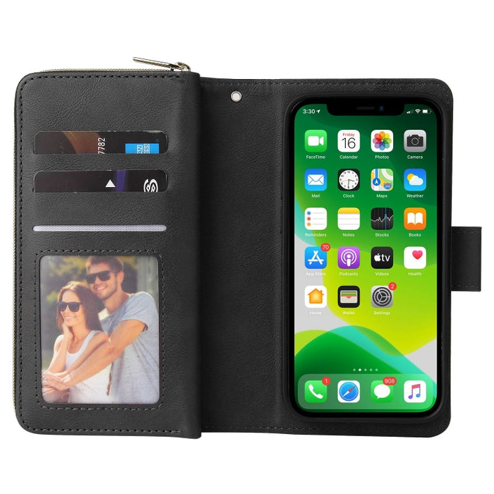 9 Ranuras para tarjetas Cremallera Monedero Funda de cuero para teléfono, For iPhone 13 mini, For iPhone 13, For iPhone 13 Pro, For iPhone 13 Pro Max