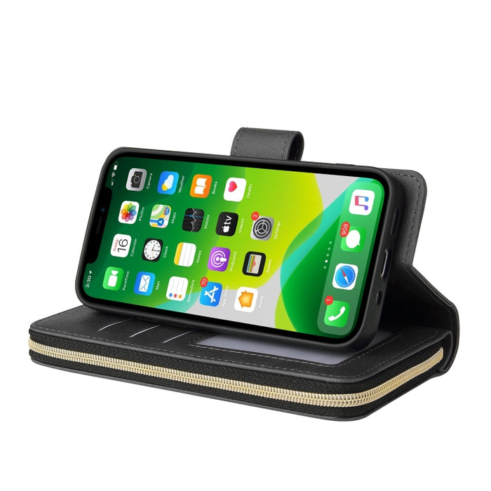 9 Ranuras para tarjetas Cremallera Monedero Funda de cuero para teléfono, For iPhone 13 mini, For iPhone 13, For iPhone 13 Pro, For iPhone 13 Pro Max