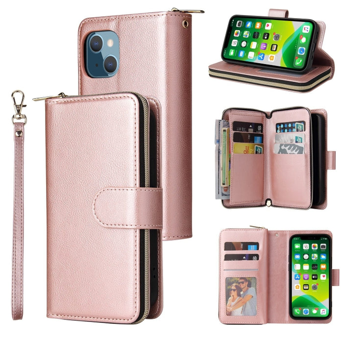 9 Ranuras para tarjetas Cremallera Monedero Funda de cuero para teléfono, For iPhone 13 mini, For iPhone 13, For iPhone 13 Pro, For iPhone 13 Pro Max