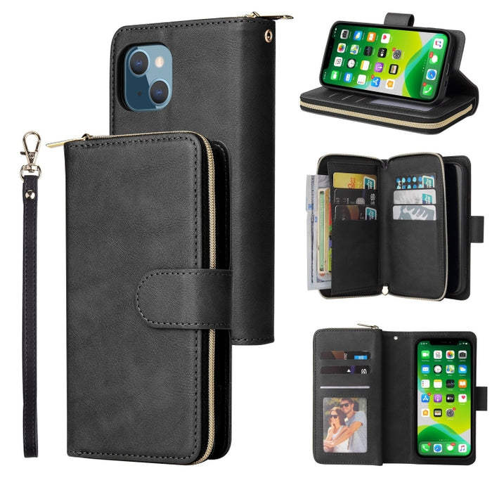 9 Ranuras para tarjetas Cremallera Monedero Funda de cuero para teléfono, For iPhone 13 mini, For iPhone 13, For iPhone 13 Pro, For iPhone 13 Pro Max