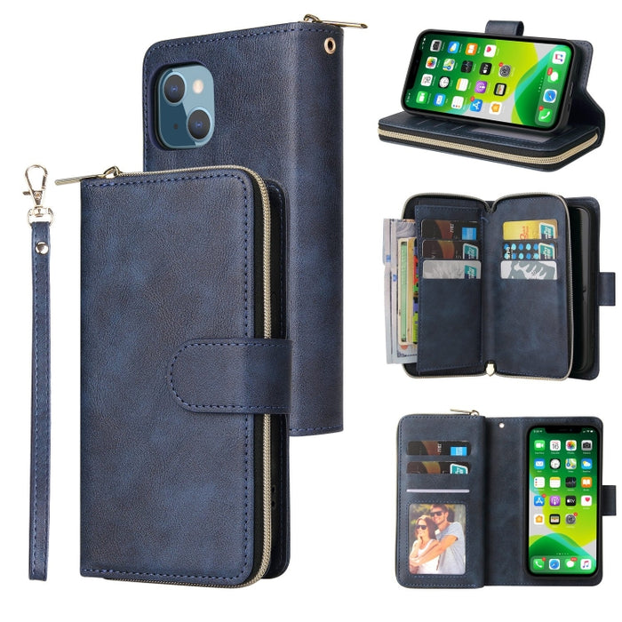 9 Ranuras para tarjetas Cremallera Monedero Funda de cuero para teléfono, For iPhone 13 mini, For iPhone 13, For iPhone 13 Pro, For iPhone 13 Pro Max