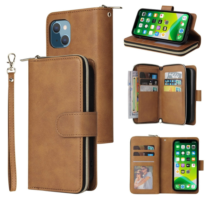 9 Ranuras para tarjetas Cremallera Monedero Funda de cuero para teléfono, For iPhone 13 mini, For iPhone 13, For iPhone 13 Pro, For iPhone 13 Pro Max