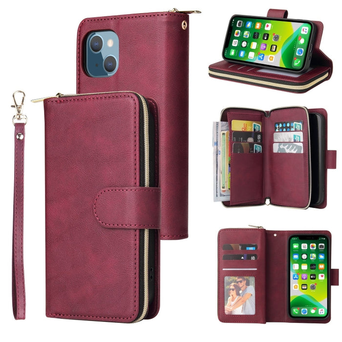 9 Ranuras para tarjetas Cremallera Monedero Funda de cuero para teléfono, For iPhone 13 mini, For iPhone 13, For iPhone 13 Pro, For iPhone 13 Pro Max