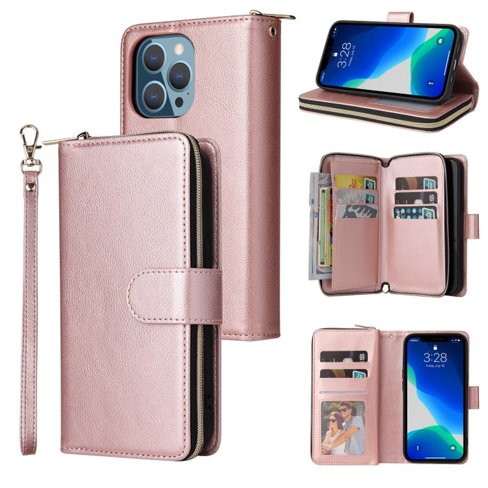 9 Ranuras para tarjetas Cremallera Monedero Funda de cuero para teléfono, For iPhone 13 mini, For iPhone 13, For iPhone 13 Pro, For iPhone 13 Pro Max