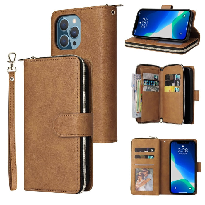9 Ranuras para tarjetas Cremallera Monedero Funda de cuero para teléfono, For iPhone 13 mini, For iPhone 13, For iPhone 13 Pro, For iPhone 13 Pro Max