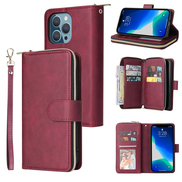 9 Ranuras para tarjetas Cremallera Monedero Funda de cuero para teléfono, For iPhone 13 mini, For iPhone 13, For iPhone 13 Pro, For iPhone 13 Pro Max