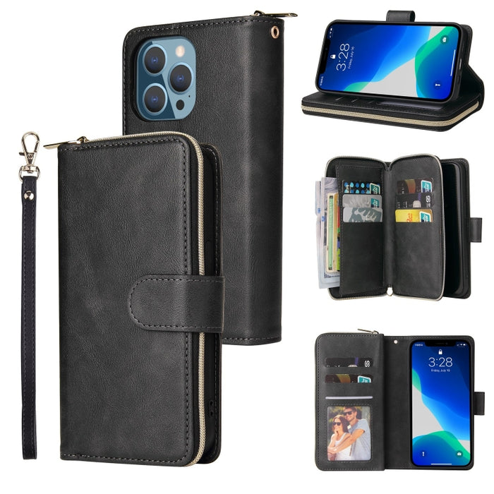 9 Ranuras para tarjetas Cremallera Monedero Funda de cuero para teléfono, For iPhone 13 mini, For iPhone 13, For iPhone 13 Pro, For iPhone 13 Pro Max