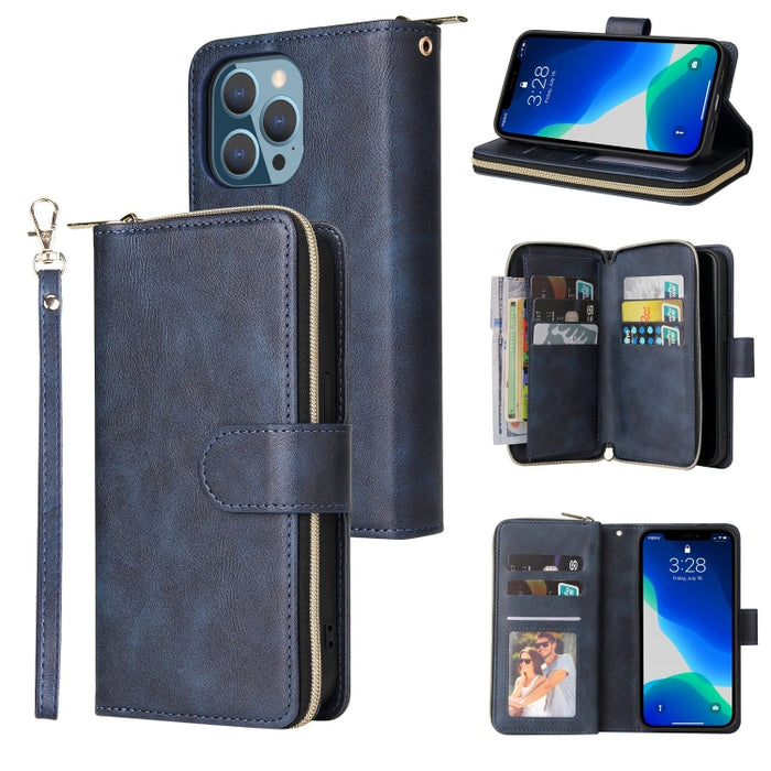 9 Ranuras para tarjetas Cremallera Monedero Funda de cuero para teléfono, For iPhone 13 mini, For iPhone 13, For iPhone 13 Pro, For iPhone 13 Pro Max