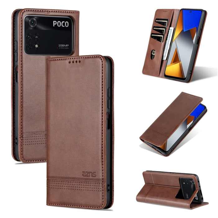 Estuche para teléfono de cuero con textura de becerro magnético AZNS, For vivo X80, For Xiaomi POCO X4 Pro 5G