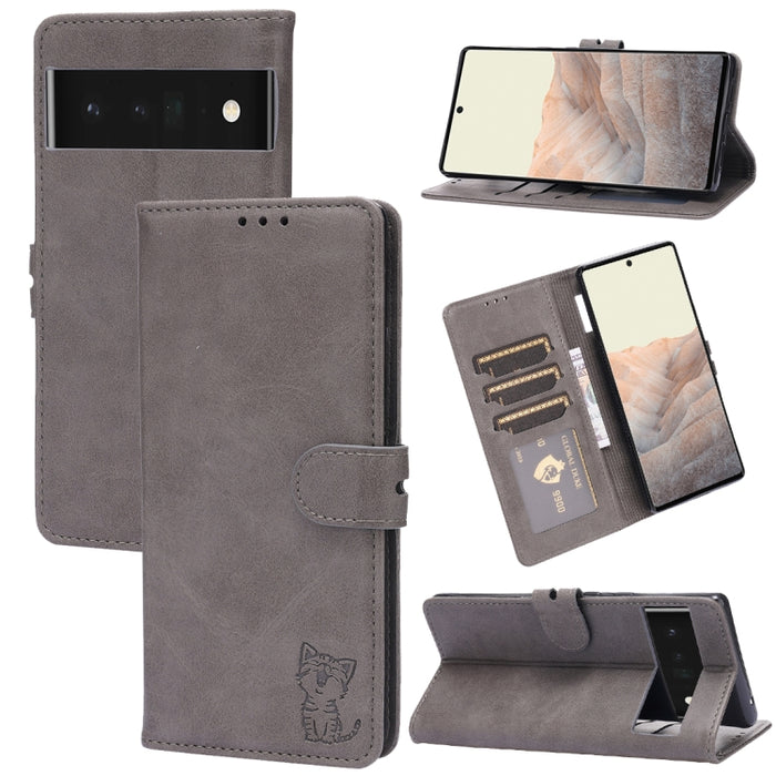 Estuche para teléfono de cuero con diseño de gato feliz en relieve, For Google Pixel 6a, For Google Pixel 7 5G, For Google Pixel 7 Pro 5G, For Xiaomi Redmi 10A, For Xiaomi Redmi Note 11 4G Global/11S, For Xiaomi Redmi Note 11 Pro Global                ...