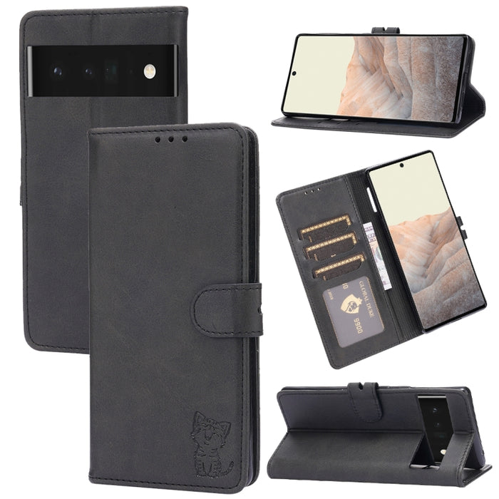 Estuche para teléfono de cuero con diseño de gato feliz en relieve, For Google Pixel 6a, For Google Pixel 7 5G, For Google Pixel 7 Pro 5G, For Xiaomi Redmi 10A, For Xiaomi Redmi Note 11 4G Global/11S, For Xiaomi Redmi Note 11 Pro Global                ...