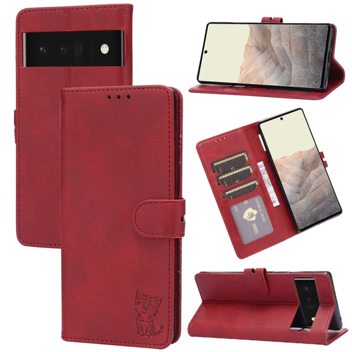 Estuche para teléfono de cuero con diseño de gato feliz en relieve, For Google Pixel 6a, For Google Pixel 7 5G, For Google Pixel 7 Pro 5G, For Xiaomi Redmi 10A, For Xiaomi Redmi Note 11 4G Global/11S, For Xiaomi Redmi Note 11 Pro Global                ...