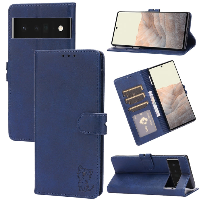 Estuche para teléfono de cuero con diseño de gato feliz en relieve, For Google Pixel 6a, For Google Pixel 7 5G, For Google Pixel 7 Pro 5G, For Xiaomi Redmi 10A, For Xiaomi Redmi Note 11 4G Global/11S, For Xiaomi Redmi Note 11 Pro Global                ...