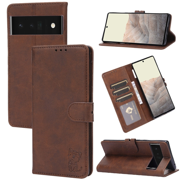 Estuche para teléfono de cuero con diseño de gato feliz en relieve, For Google Pixel 6a, For Google Pixel 7 5G, For Google Pixel 7 Pro 5G, For Xiaomi Redmi 10A, For Xiaomi Redmi Note 11 4G Global/11S, For Xiaomi Redmi Note 11 Pro Global                ...