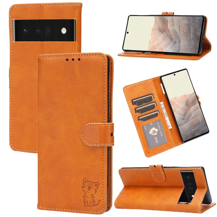 Estuche para teléfono de cuero con diseño de gato feliz en relieve, For Google Pixel 6a, For Google Pixel 7 5G, For Google Pixel 7 Pro 5G, For Xiaomi Redmi 10A, For Xiaomi Redmi Note 11 4G Global/11S, For Xiaomi Redmi Note 11 Pro Global                ...