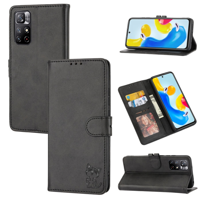 Estuche para teléfono de cuero con diseño de gato feliz en relieve, For Google Pixel 6a, For Google Pixel 7 5G, For Google Pixel 7 Pro 5G, For Xiaomi Redmi 10A, For Xiaomi Redmi Note 11 4G Global/11S, For Xiaomi Redmi Note 11 Pro Global                ...