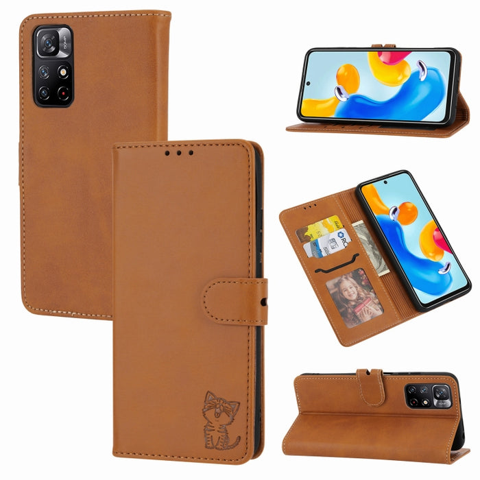 Estuche para teléfono de cuero con diseño de gato feliz en relieve, For Google Pixel 6a, For Google Pixel 7 5G, For Google Pixel 7 Pro 5G, For Xiaomi Redmi 10A, For Xiaomi Redmi Note 11 4G Global/11S, For Xiaomi Redmi Note 11 Pro Global                ...