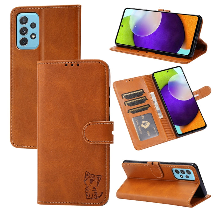 Estuche para teléfono de cuero con diseño de gato feliz en relieve, For Google Pixel 6a, For Google Pixel 7 5G, For Google Pixel 7 Pro 5G, For Xiaomi Redmi 10A, For Xiaomi Redmi Note 11 4G Global/11S, For Xiaomi Redmi Note 11 Pro Global                ...
