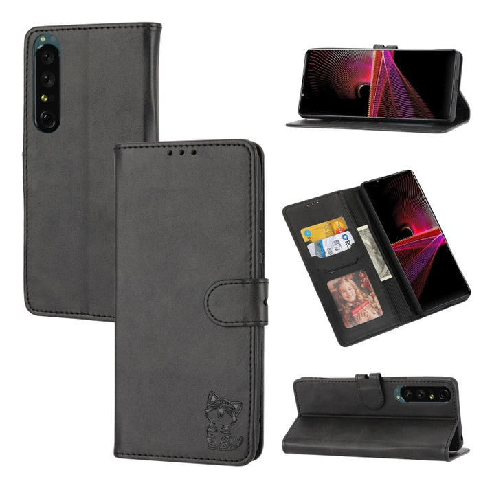 Estuche para teléfono de cuero con diseño de gato feliz en relieve, For Google Pixel 6a, For Google Pixel 7 5G, For Google Pixel 7 Pro 5G, For Xiaomi Redmi 10A, For Xiaomi Redmi Note 11 4G Global/11S, For Xiaomi Redmi Note 11 Pro Global                ...