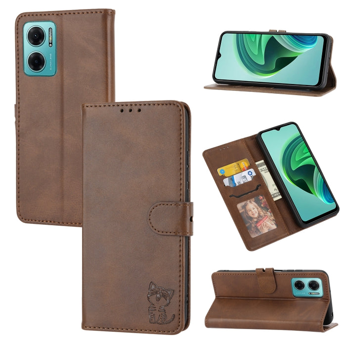 Estuche para teléfono de cuero con diseño de gato feliz en relieve, For Google Pixel 6a, For Google Pixel 7 5G, For Google Pixel 7 Pro 5G, For Xiaomi Redmi 10A, For Xiaomi Redmi Note 11 4G Global/11S, For Xiaomi Redmi Note 11 Pro Global                ...