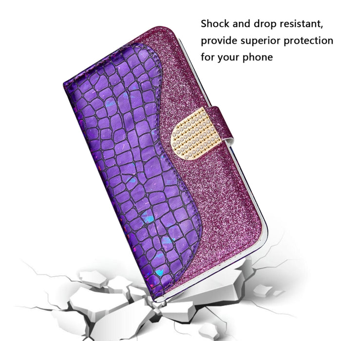 Estuche para teléfono de cuero con textura de cocodrilo en polvo con purpurina láser, For Samsung Galaxy A13 4G, For Xiaomi Redmi 10C