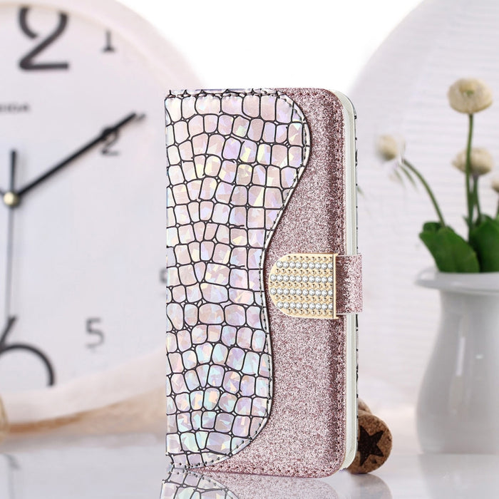 Estuche para teléfono de cuero con textura de cocodrilo en polvo con purpurina láser, For Samsung Galaxy A13 4G, For Xiaomi Redmi 10C