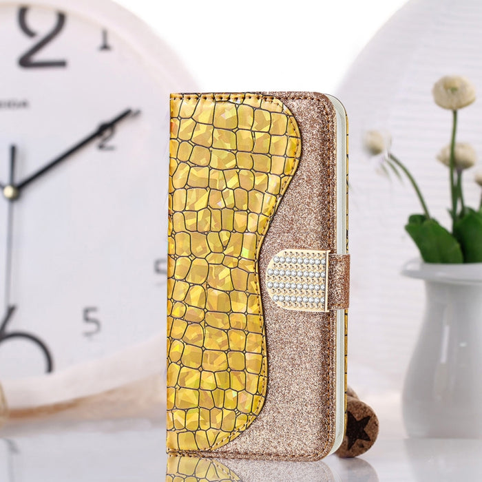 Estuche para teléfono de cuero con textura de cocodrilo en polvo con purpurina láser, For Samsung Galaxy A13 4G, For Xiaomi Redmi 10C