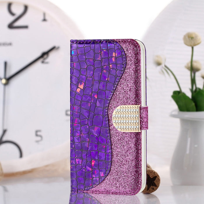 Estuche para teléfono de cuero con textura de cocodrilo en polvo con purpurina láser, For Samsung Galaxy A13 4G, For Xiaomi Redmi 10C