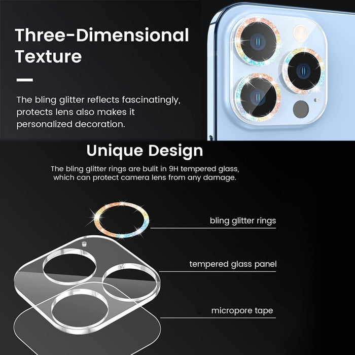 Película de lente de cámara de vidrio templado con anillo de brillo, For iPhone 13, For iPhone 13 Pro / 13 Pro Max, For iPhone 12 mini  / 11, For iPhone 12 Pro, For iPhone 11 Pro / 11 Pro Max