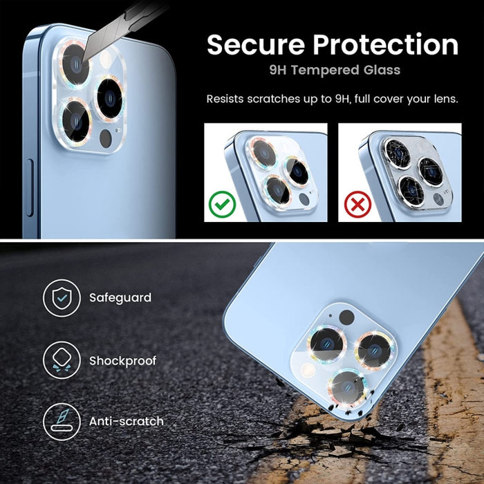 Película de lente de cámara de vidrio templado con anillo de brillo, For iPhone 13, For iPhone 13 Pro / 13 Pro Max, For iPhone 12 mini  / 11, For iPhone 12 Pro, For iPhone 11 Pro / 11 Pro Max