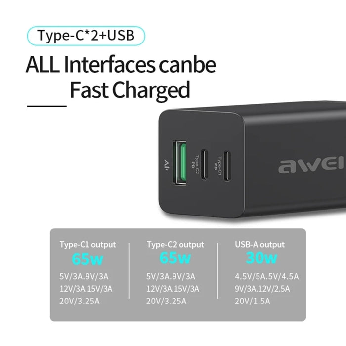 awei PD9 65W GaN Cargador de viaje de carga rápida, enchufe de la UE