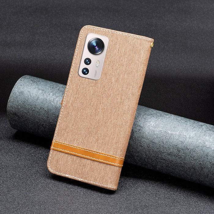 Estuche para teléfono de cuero con textura de mezclilla color block, For Xiaomi 12 Lite