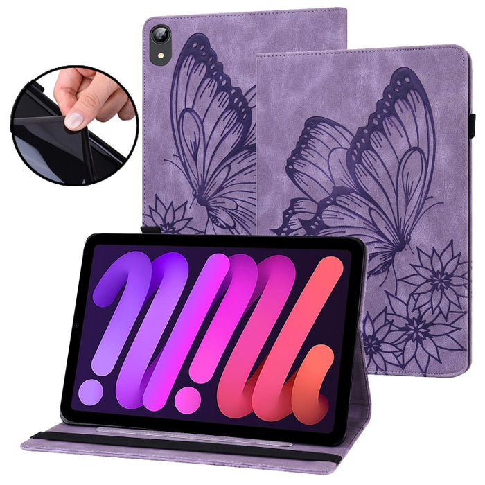 Estuche para tableta de cuero inteligente con relieve de mariposa grande