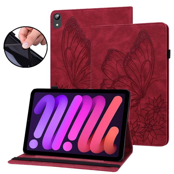 Estuche para tableta de cuero inteligente con relieve de mariposa grande