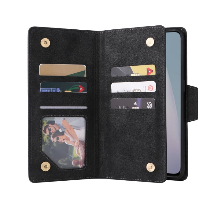 Caja de teléfono de cuero con tres pliegues para 9 tarjetas con hebilla de remache, For OnePlus Nord N10 5G, For Samsung Galaxy Note20, For OnePlus 10 Pro 5G, For Samsung Galaxy A23 4G, For Xiaomi 11T