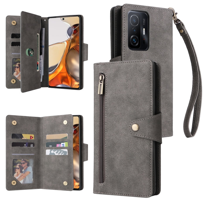 Caja de teléfono de cuero con tres pliegues para 9 tarjetas con hebilla de remache, For OnePlus Nord N10 5G, For Samsung Galaxy Note20, For OnePlus 10 Pro 5G, For Samsung Galaxy A23 4G, For Xiaomi 11T
