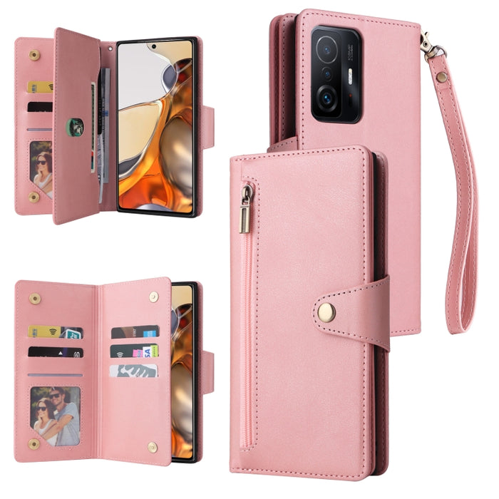 Caja de teléfono de cuero con tres pliegues para 9 tarjetas con hebilla de remache, For OnePlus Nord N10 5G, For Samsung Galaxy Note20, For OnePlus 10 Pro 5G, For Samsung Galaxy A23 4G, For Xiaomi 11T