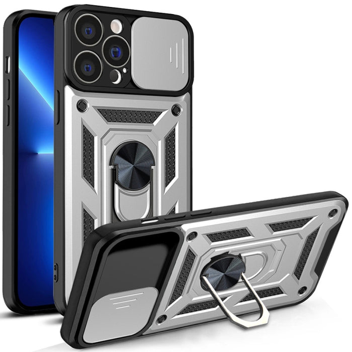 Diseño de cubierta de cámara deslizante Funda de teléfono TPU + PC