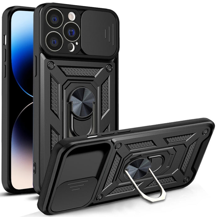 Diseño de cubierta de cámara deslizante Funda de teléfono TPU + PC