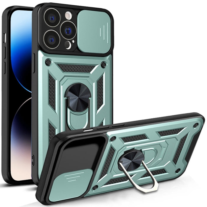Diseño de cubierta de cámara deslizante Funda de teléfono TPU + PC