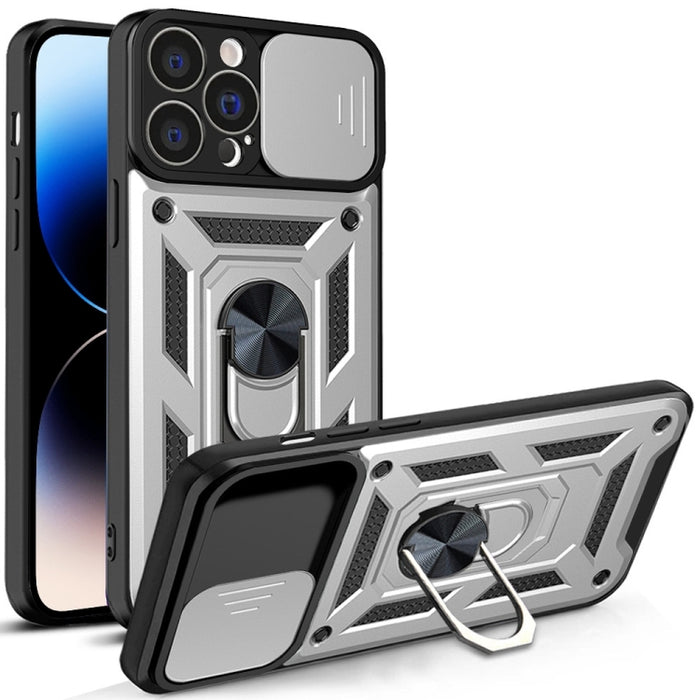 Diseño de cubierta de cámara deslizante Funda de teléfono TPU + PC