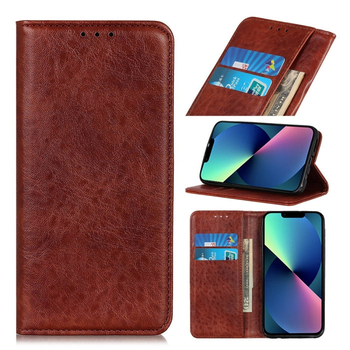 Estuche para teléfono de cuero con tapa horizontal con textura de caballo loco magnético, se recomienda una pequeña cantidad antes del lanzamiento del iPhone 14