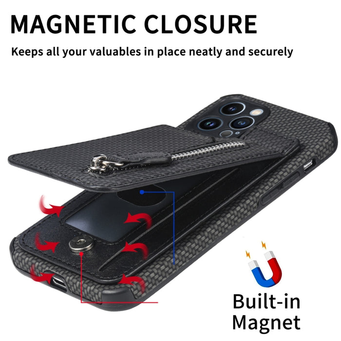 Estuche para teléfono con cremallera vertical de fibra de carbono